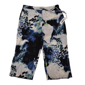 DKNY Capri Pants Woman 1X Blue‎ Colorful Linen Abstract Peacock Straight Leg